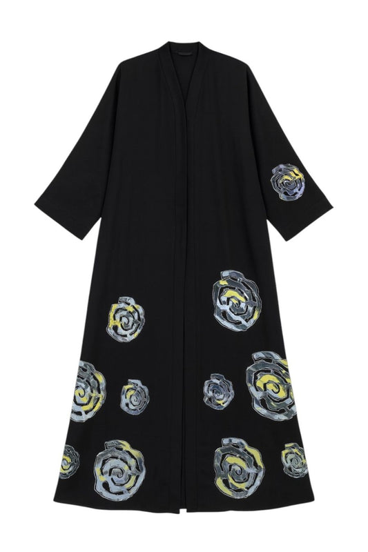 Abaya mit Hijab und Blumenmotiven - Schwarz