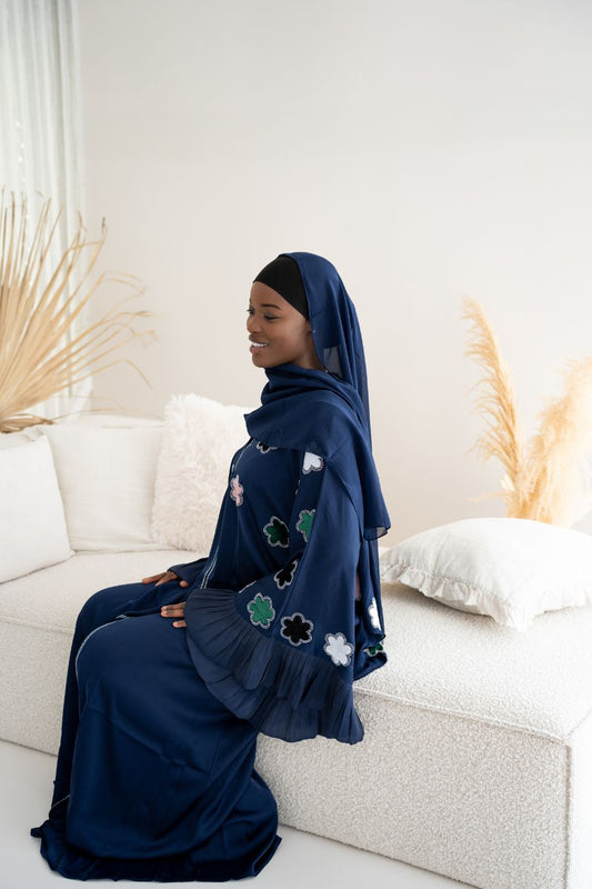 Abaya mit Hijab und Blumenmotiven - Dunkelblau
