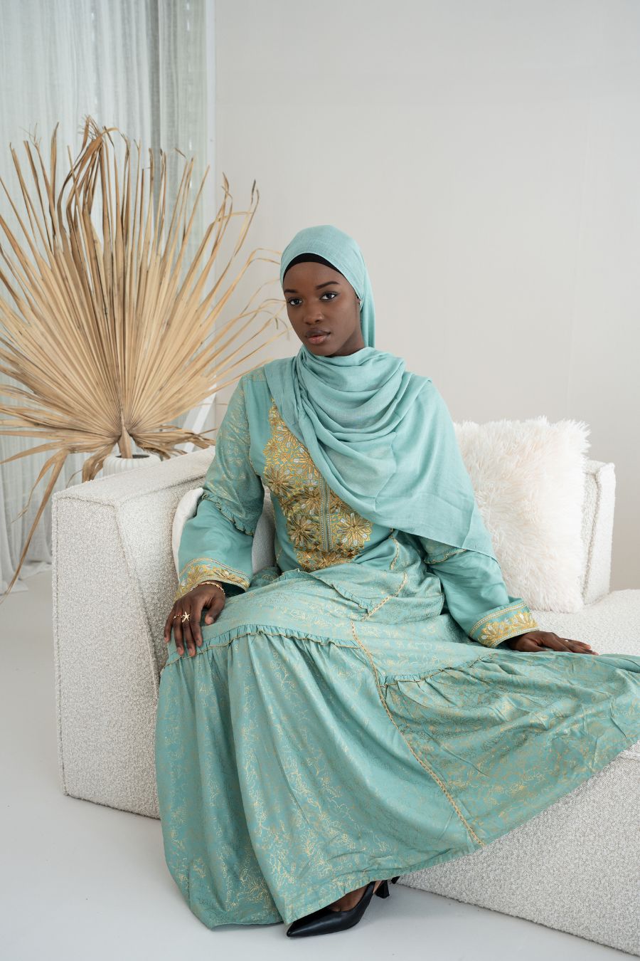 Abaya mit Hijab - Türkis/Gold