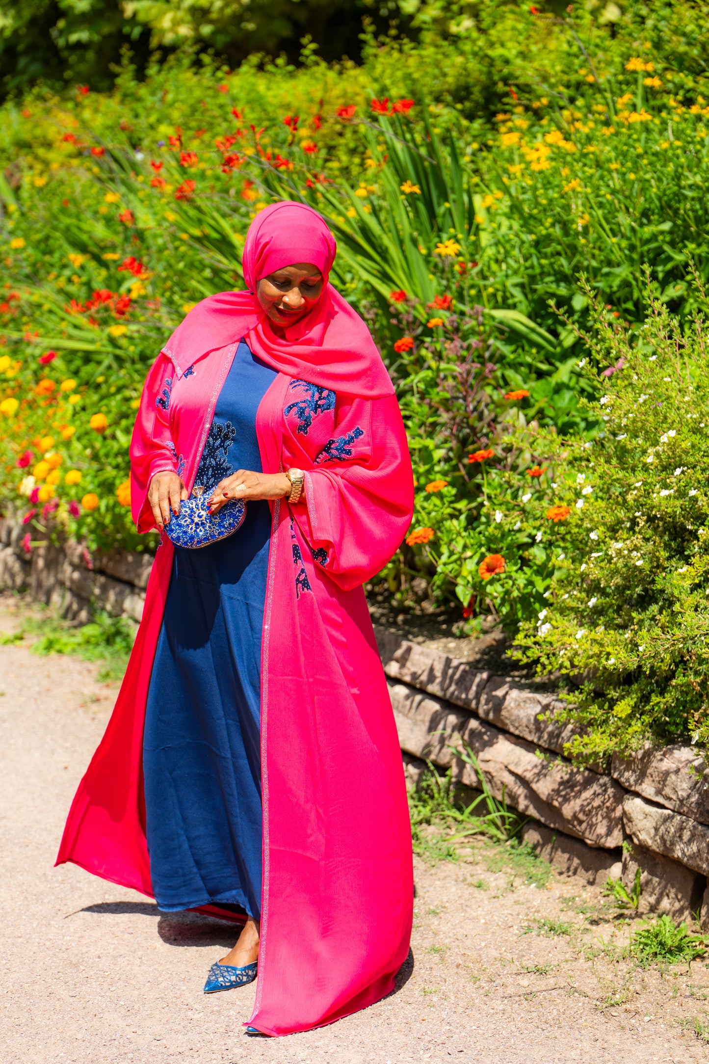Abaya mit Hijab und Kimono - Pink/Blau