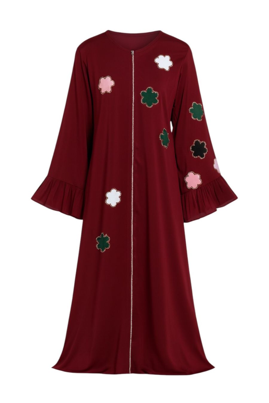 Abaya mit Hijab und Blumenmotiven - Bordeaux Rot