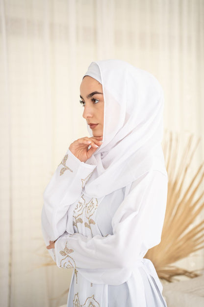 Abaya mit Hijab und goldenen Strasssteinen - Weiß