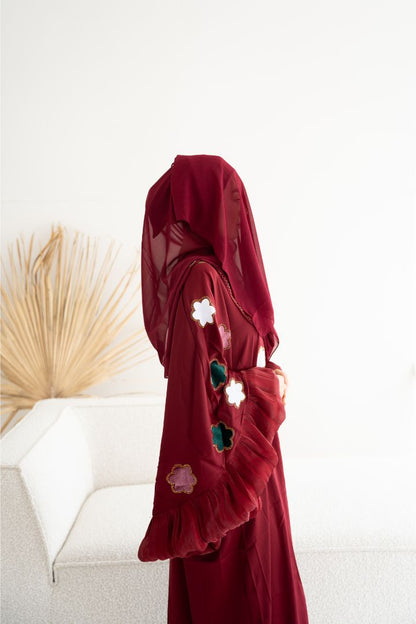 Abaya mit Hijab und Blumenmotiven - Bordeaux Rot