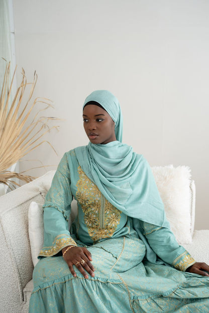 Abaya mit Hijab - Türkis/Gold