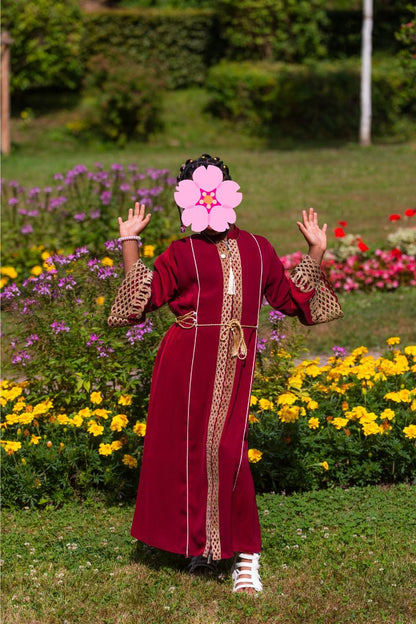 Abaya für Mädchen mit Hijab und geflochtenen Elementen - Rot/Beige