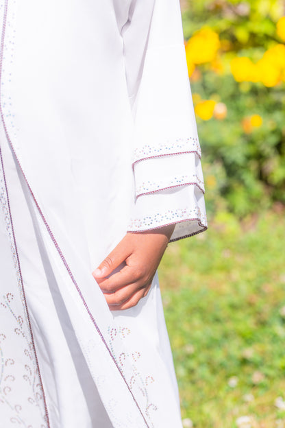 Abaya für Mädchen mit Hijab und Strasssteinen - Weiß