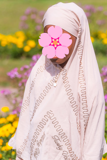 Abaya für Mädchen mit Pull on Hijab und Strasssteinen - Beige
