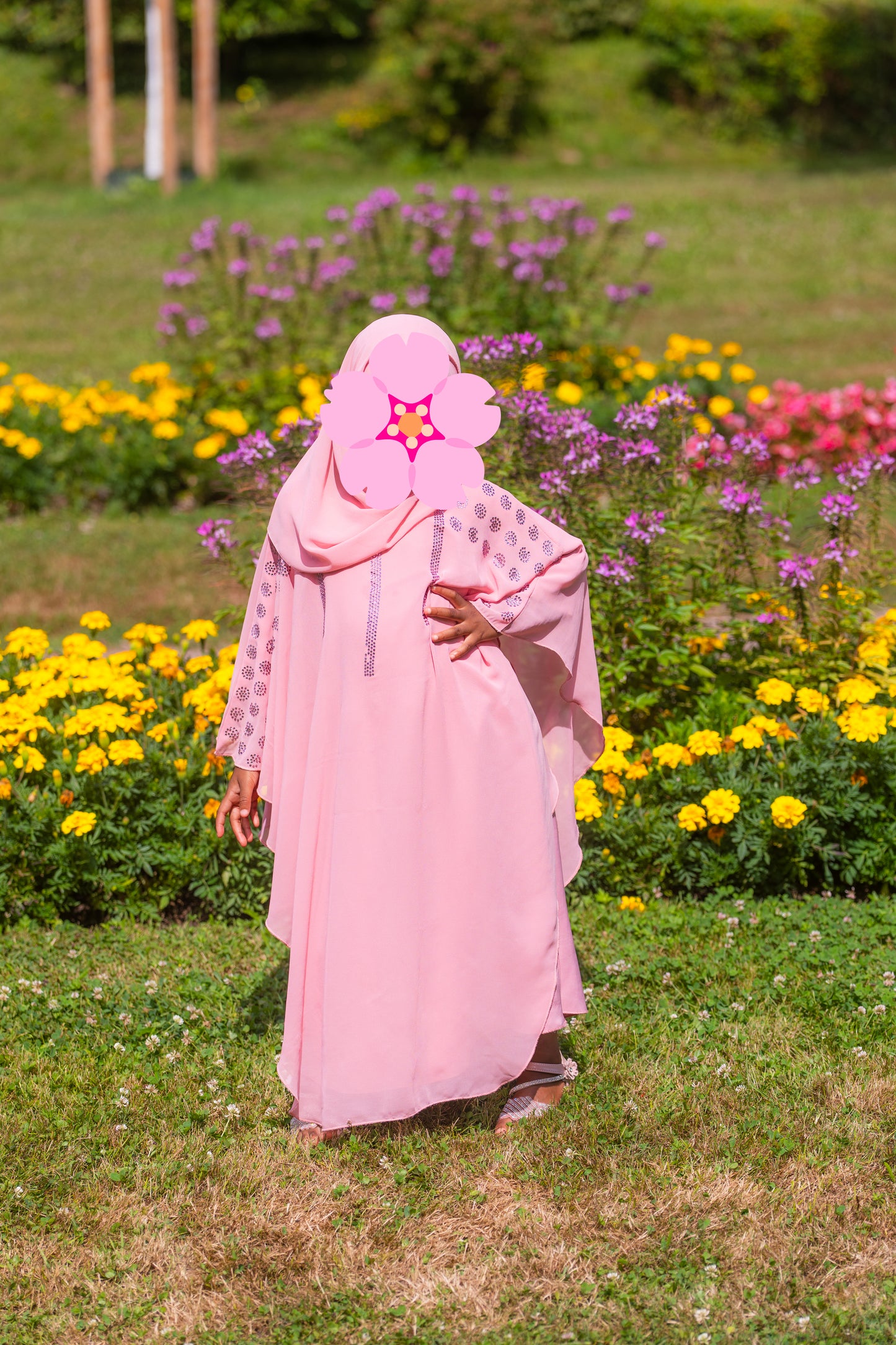 Abaya für Mädchen mit Hijab und pinken Strasssteinen - Rosa