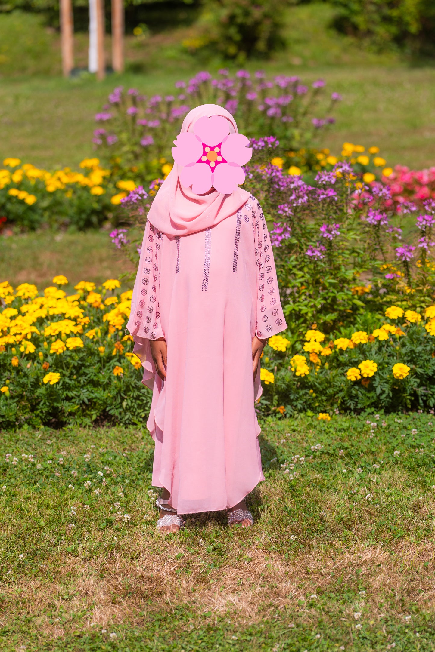 Abaya für Mädchen mit Hijab und pinken Strasssteinen - Rosa