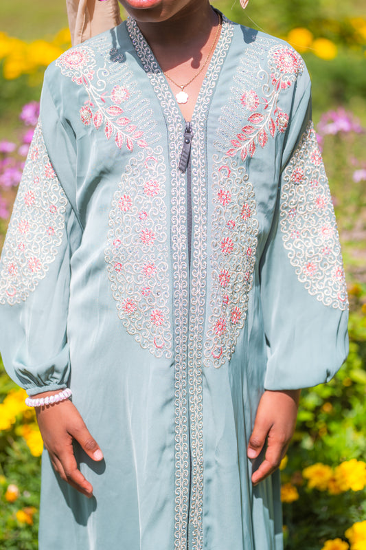 Abaya für Mädchen mit Blumenmotiven - Grün