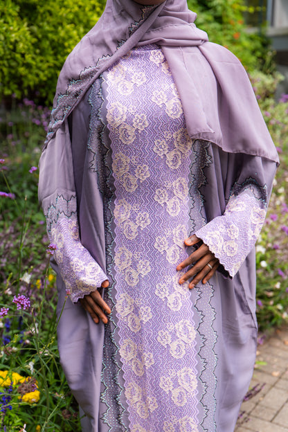 Abaya mit Hijab und Strasssteinen - Lila