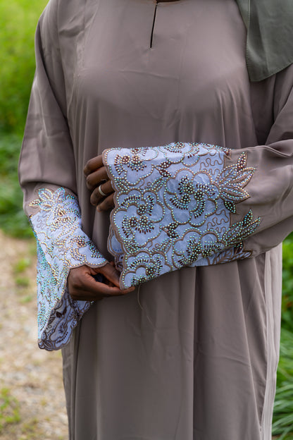 Abaya mit Spitze und Strasssteinen - Beige