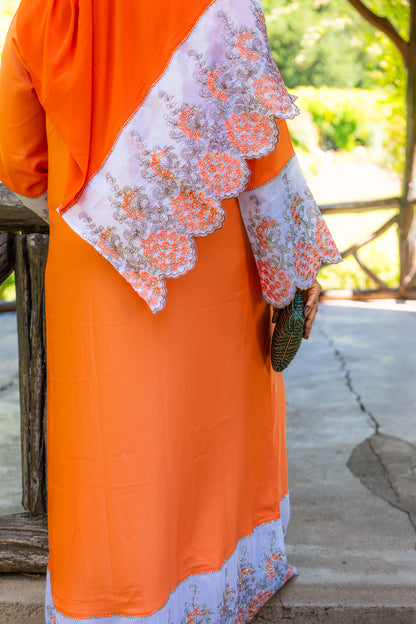 Abaya mit Spitze und Strasssteinen - Orange