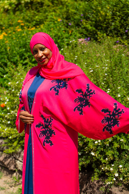 Abaya mit Hijab und Kimono - Pink/Blau