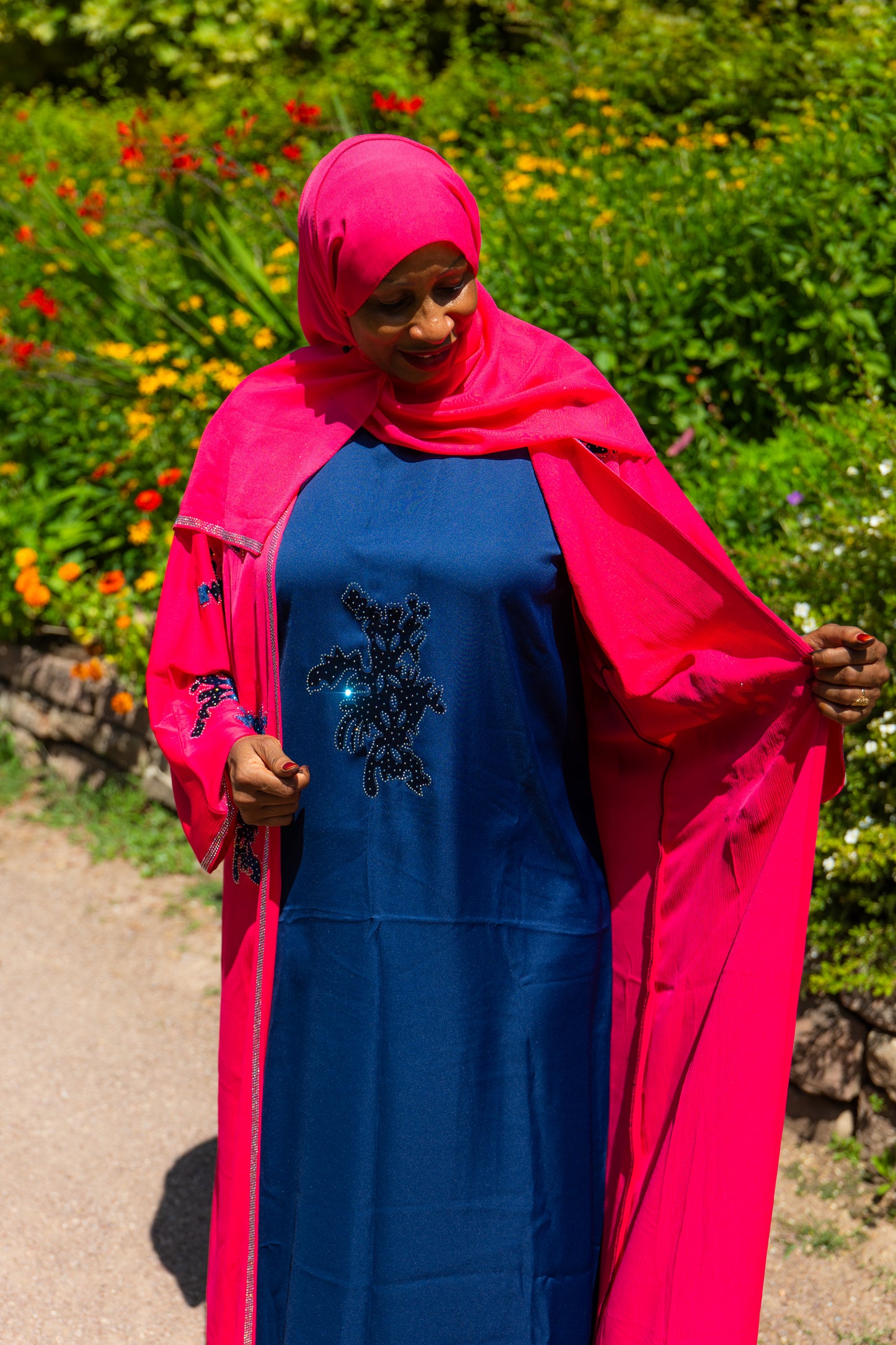 Abaya mit Hijab und Kimono - Pink/Blau