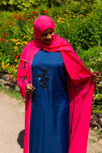 Abaya mit Hijab und Kimono - Pink/Blau