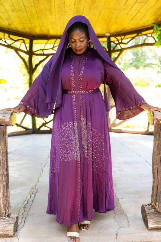 Abaya mit Band und goldenen Strasssteinen - Lila