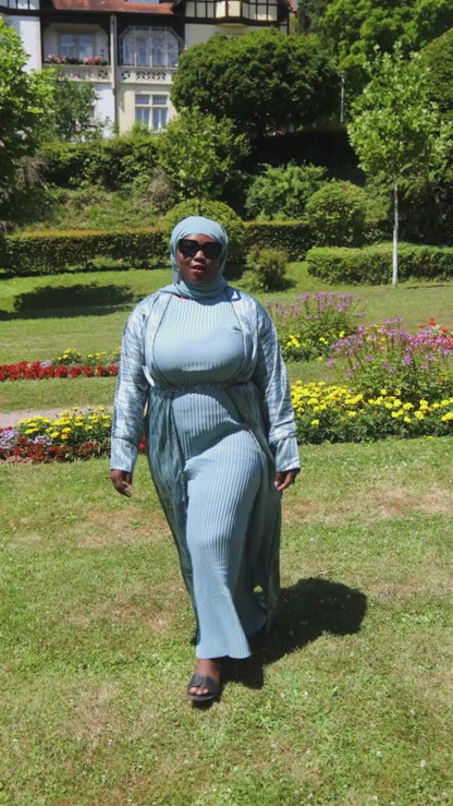 Abaya mit Hijab und Kimono gestreift - Blau/Dunkelblau