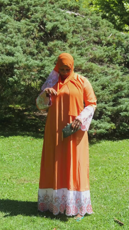 Abaya mit Spitze und Strasssteinen - Orange