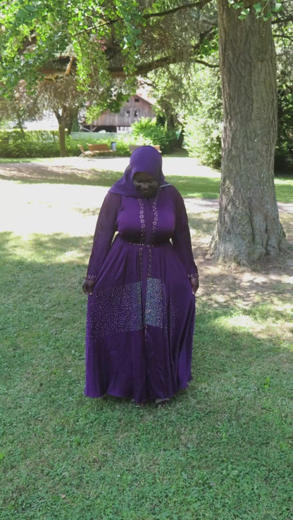 Abaya mit Band und goldenen Strasssteinen - Lila