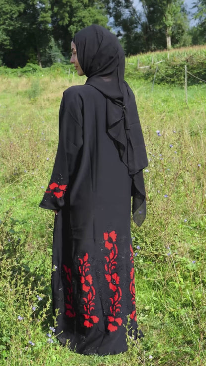 Abaya mit Hijab und roten Details - Schwarz/Rot